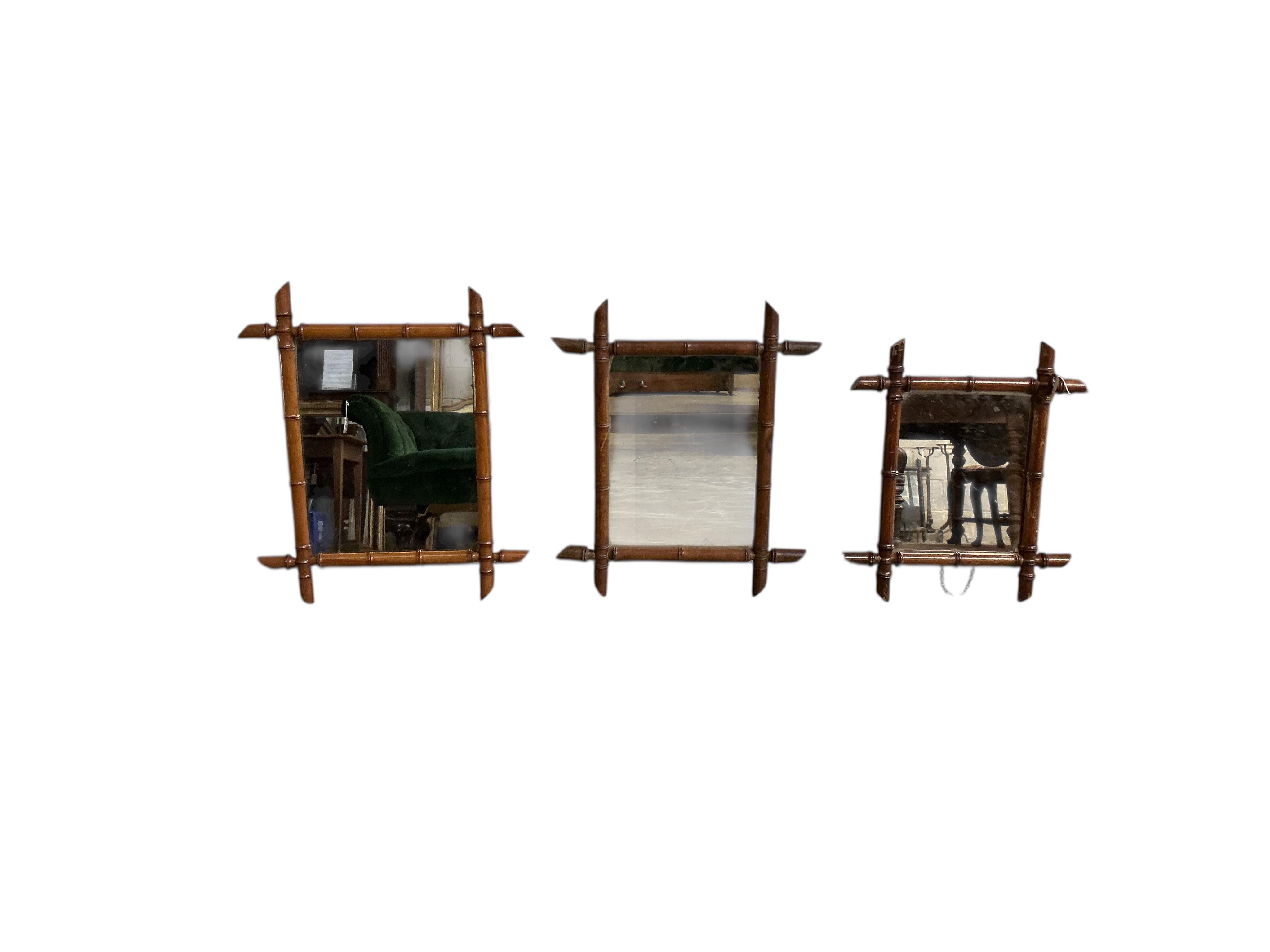 Three late 19th century French faux bamboo rectangular wall mirrors, largest width 46cm, height 54cm
